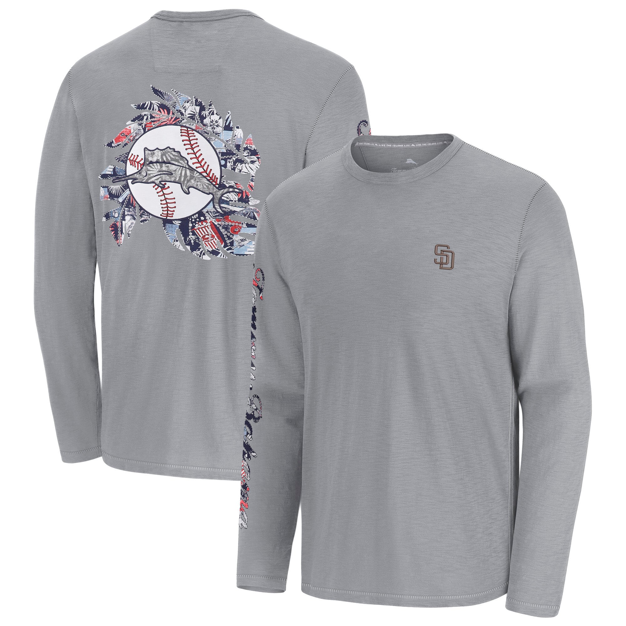 T-shirt à manches longues Tommy Bahama gris San Diego Padres Tropic Curveball Lux pour homme